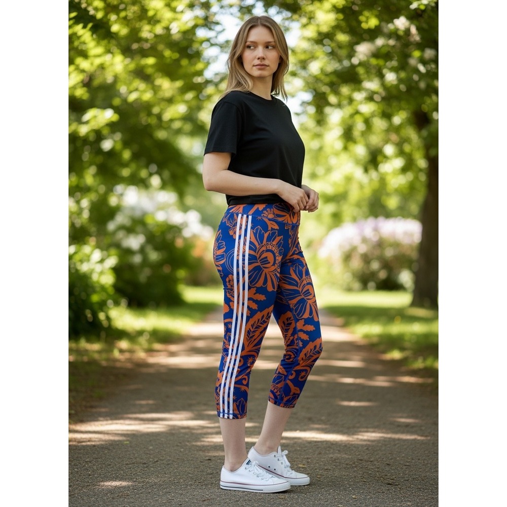 Adidas Womens 4X Floral Print 3-Stripe Cropped Leggings Blue Orange HC0637